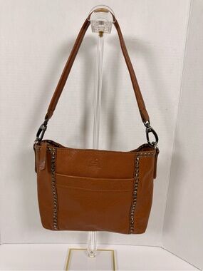 Tan Pebbled Leather Shoulder Bag with Studded Trim